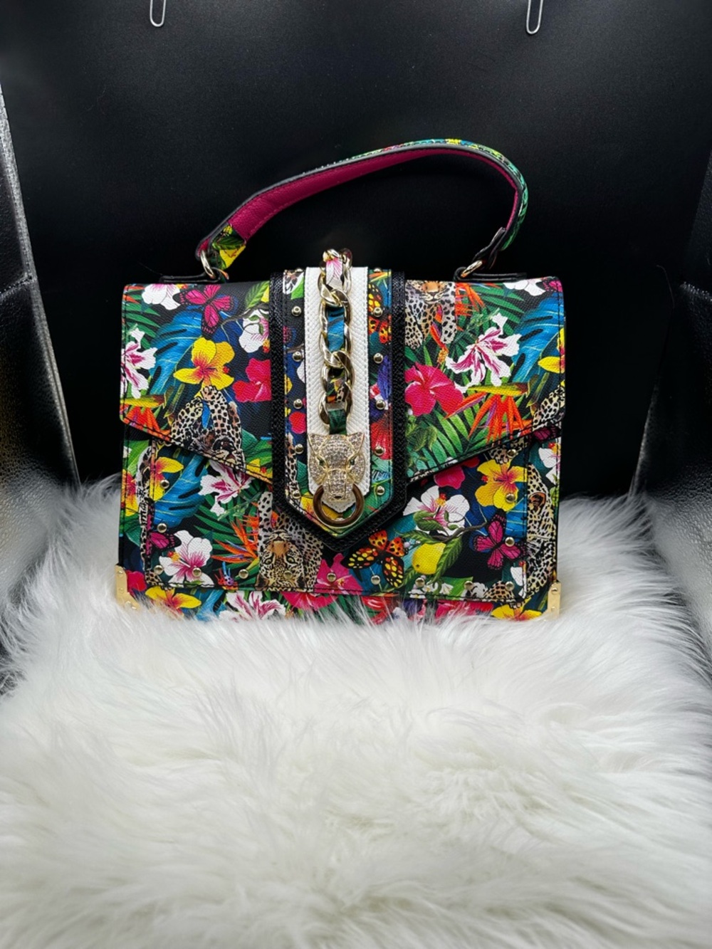 Aldo Multicolor Tropical Floral Satchel Crossbody 
with Gold Chain Accent NWOT
